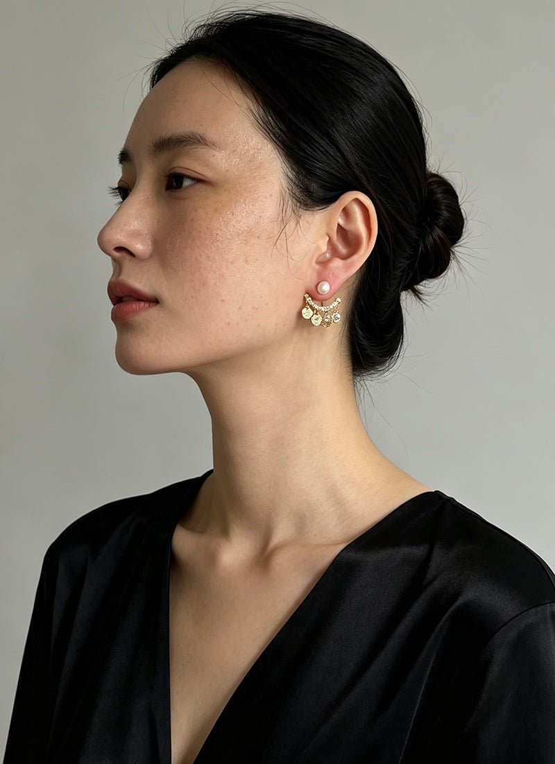 Detachable Freshwater Pearl Hammered Coin Ear Jacket Earrings - floysun