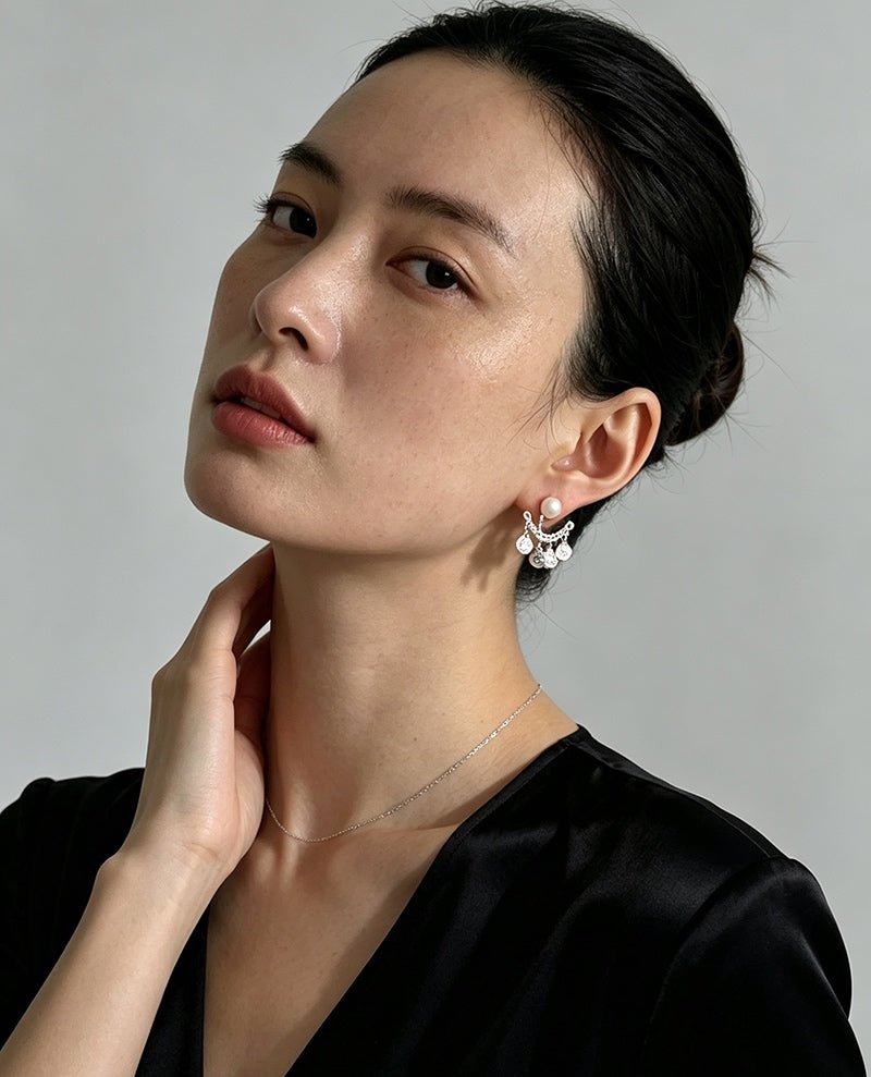 Detachable Freshwater Pearl Hammered Coin Ear Jacket Earrings - floysun