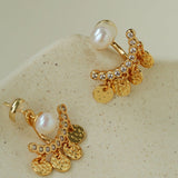 Detachable Freshwater Pearl Hammered Coin Ear Jacket Earrings - floysun
