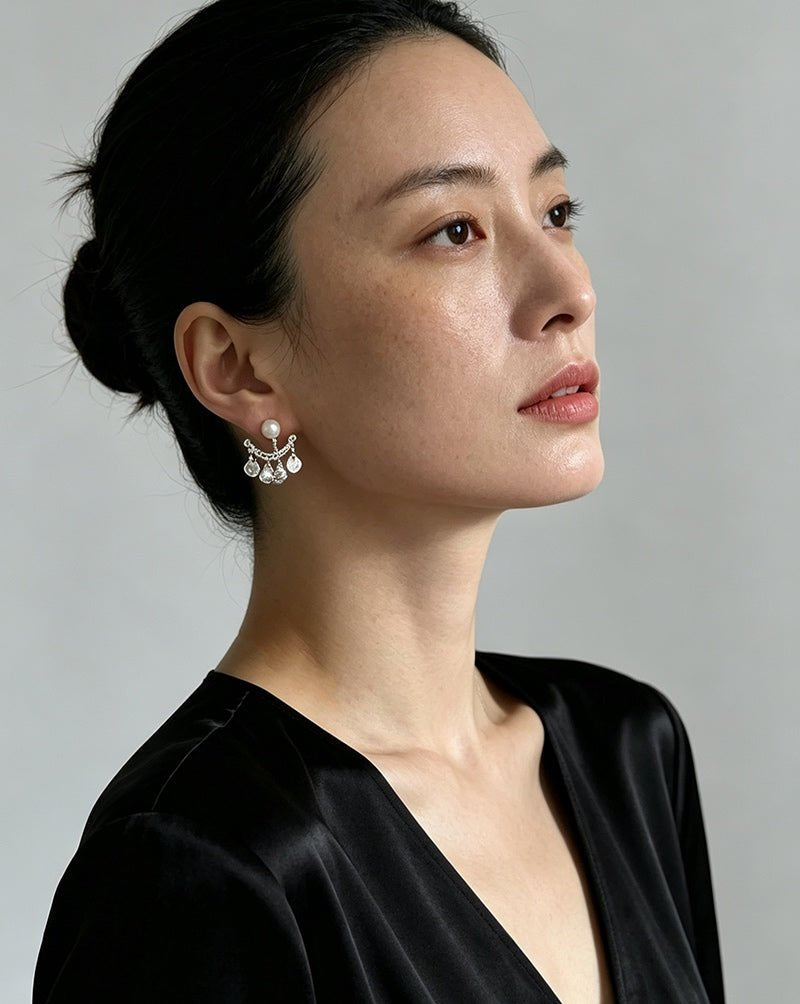 Detachable Freshwater Pearl Hammered Coin Ear Jacket Earrings - floysun