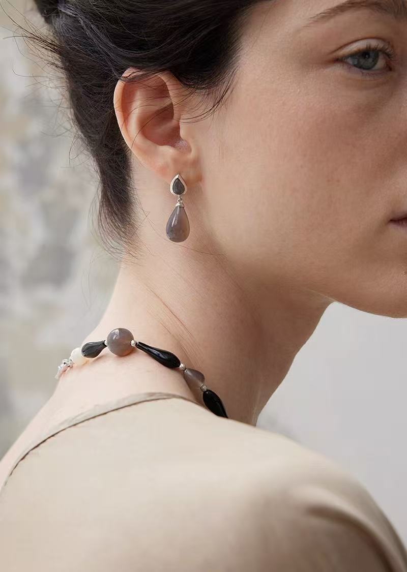 Dewdrop Earrings with Crystal, Onyx, Grey Agate & Tiger’s Eye - floysun