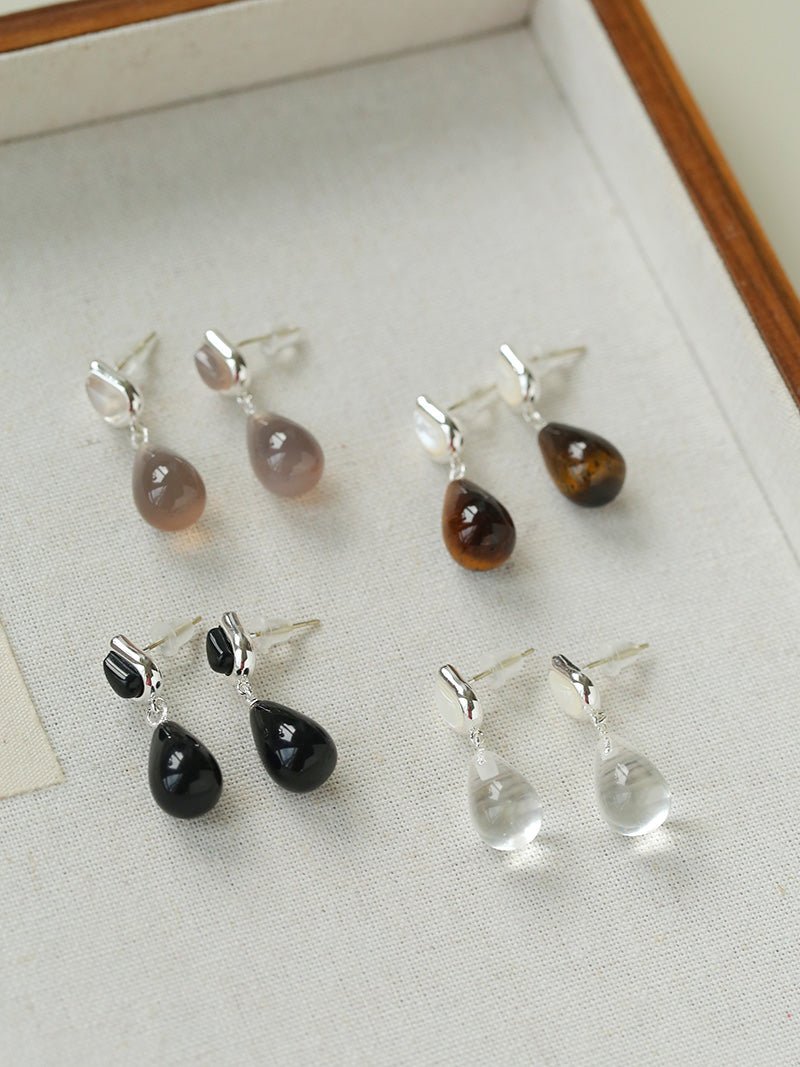 Dewdrop Earrings with Crystal, Onyx, Grey Agate & Tiger’s Eye - floysun