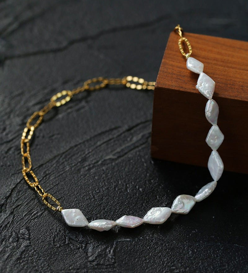 Diamond - Shaped Baroque Pearl Chain Necklace - floysun