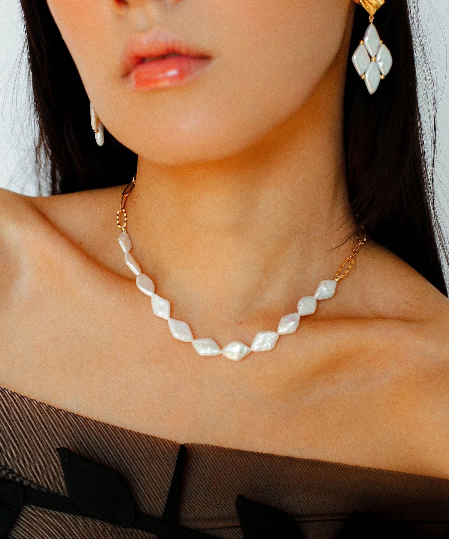 Diamond - Shaped Baroque Pearl Chain Necklace - floysun