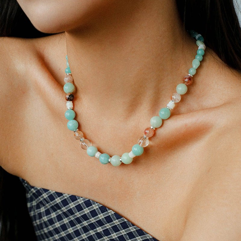 Dopamine Beaded Wave Necklace – Blue Amazonite Edition - floysun