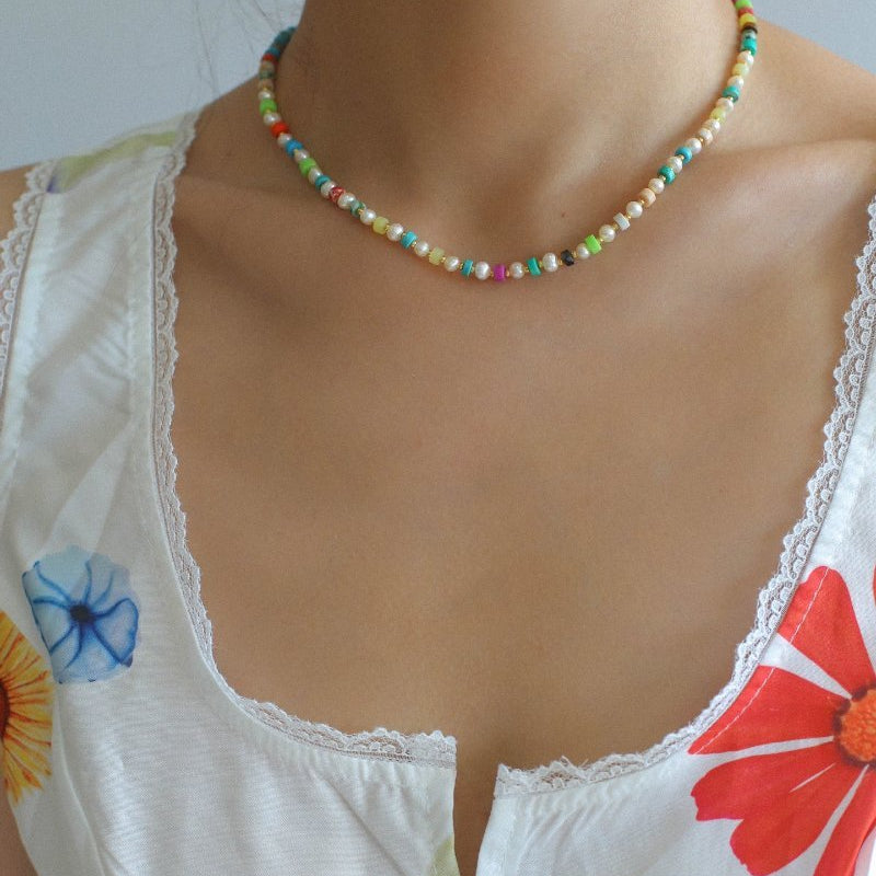 Dopamine - Colored Natural Stone and Pearl Beaded Necklace - floysun