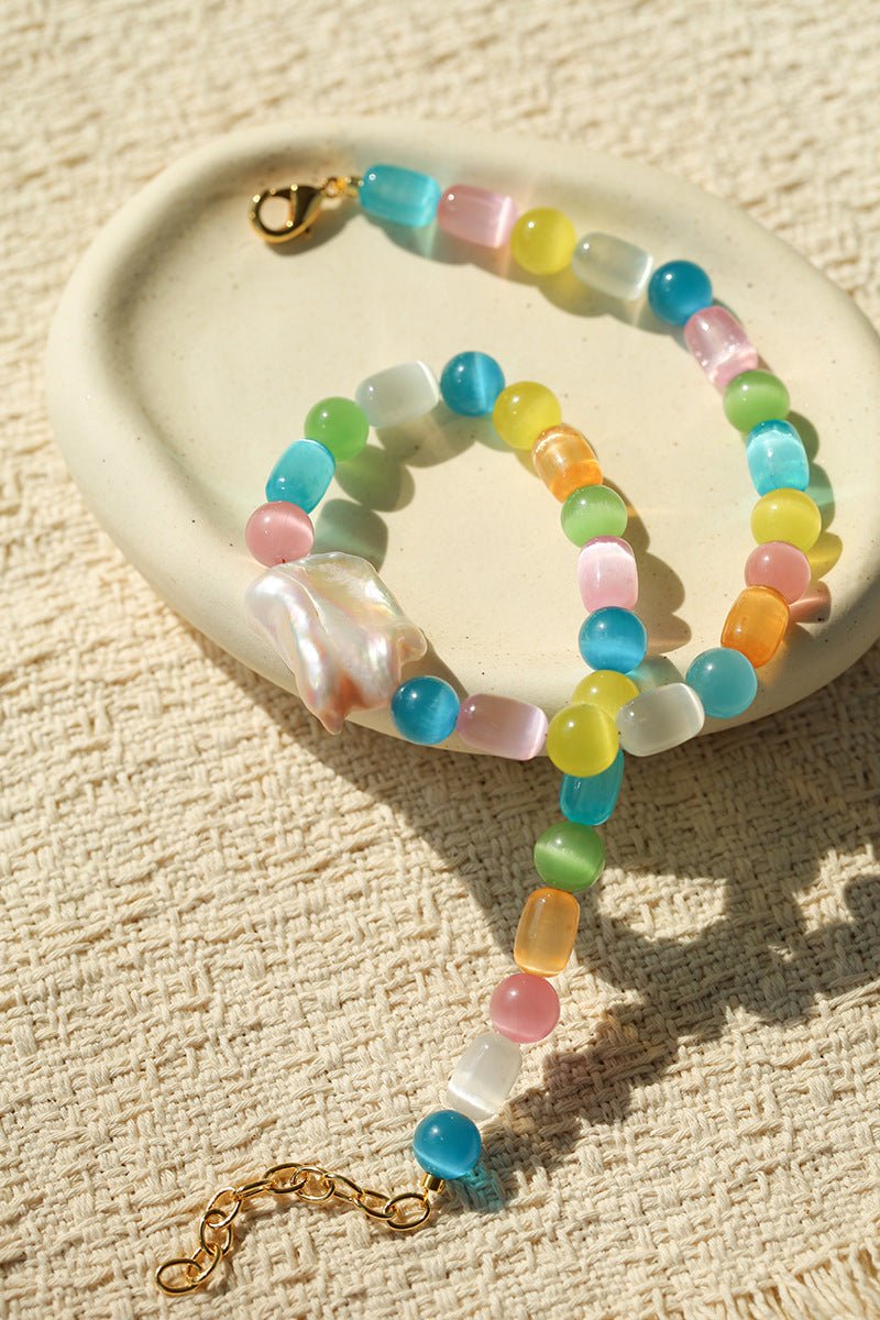 Dopamine Colorful Cat's Eye Baroque Necklace - floysun