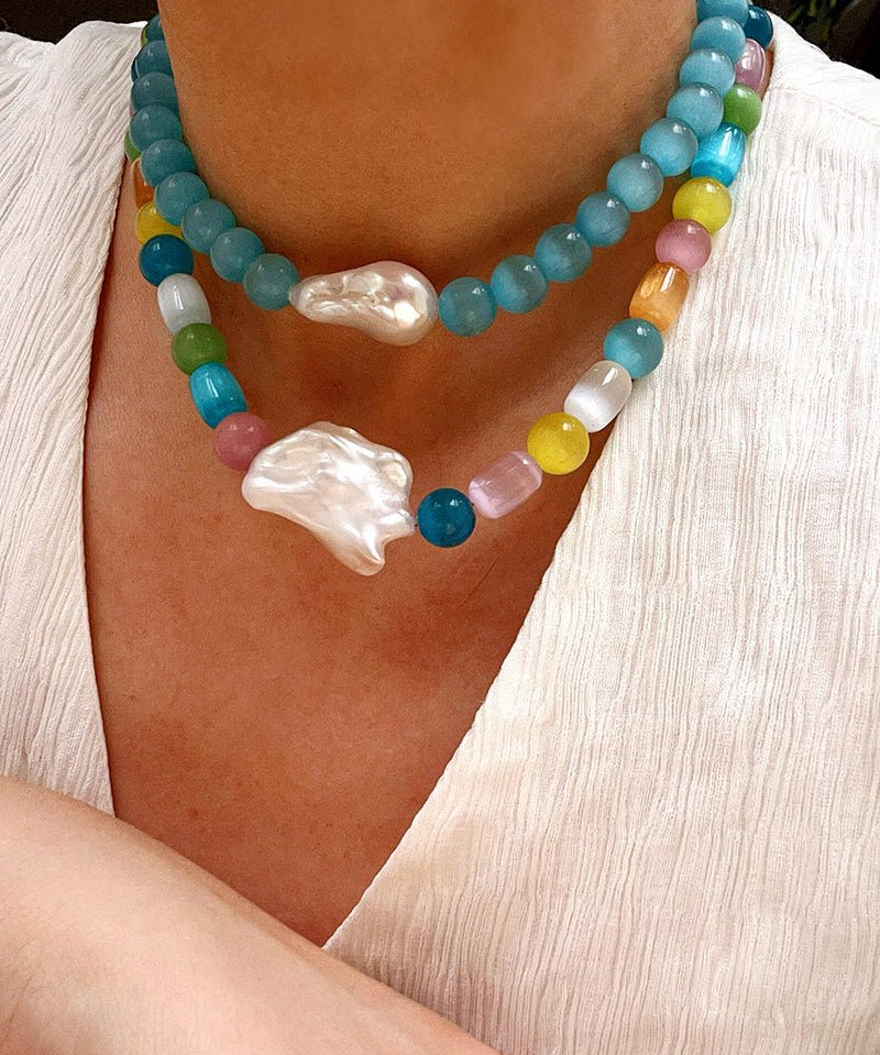 Dopamine Colorful Cat's Eye Baroque Necklace - floysun