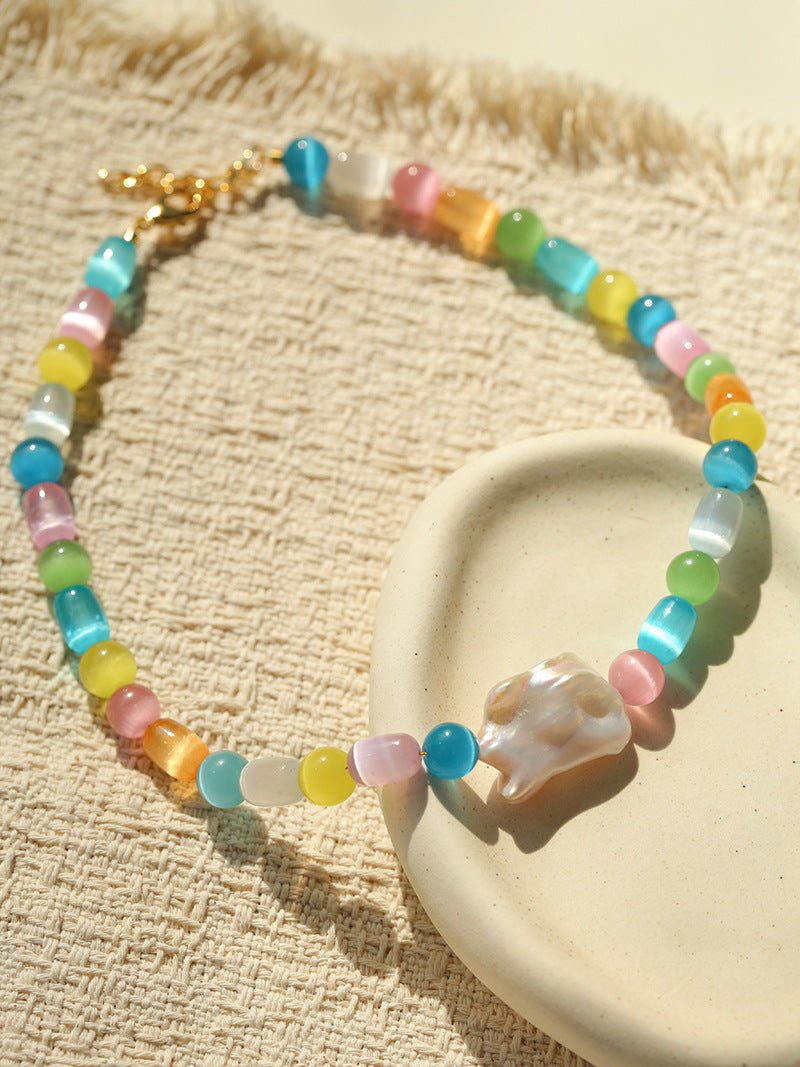 Dopamine Colorful Cat's Eye Baroque Necklace - floysun