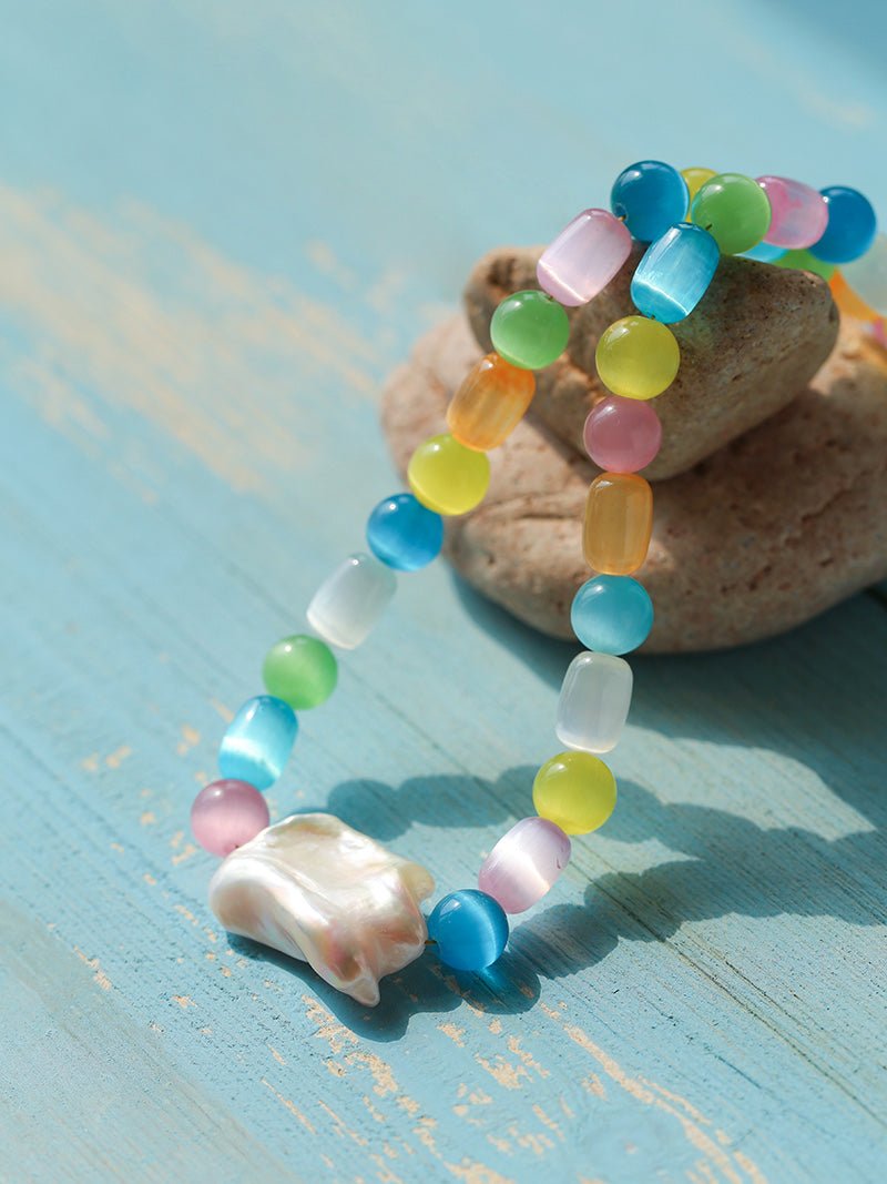 Dopamine Colorful Cat's Eye Baroque Necklace - floysun