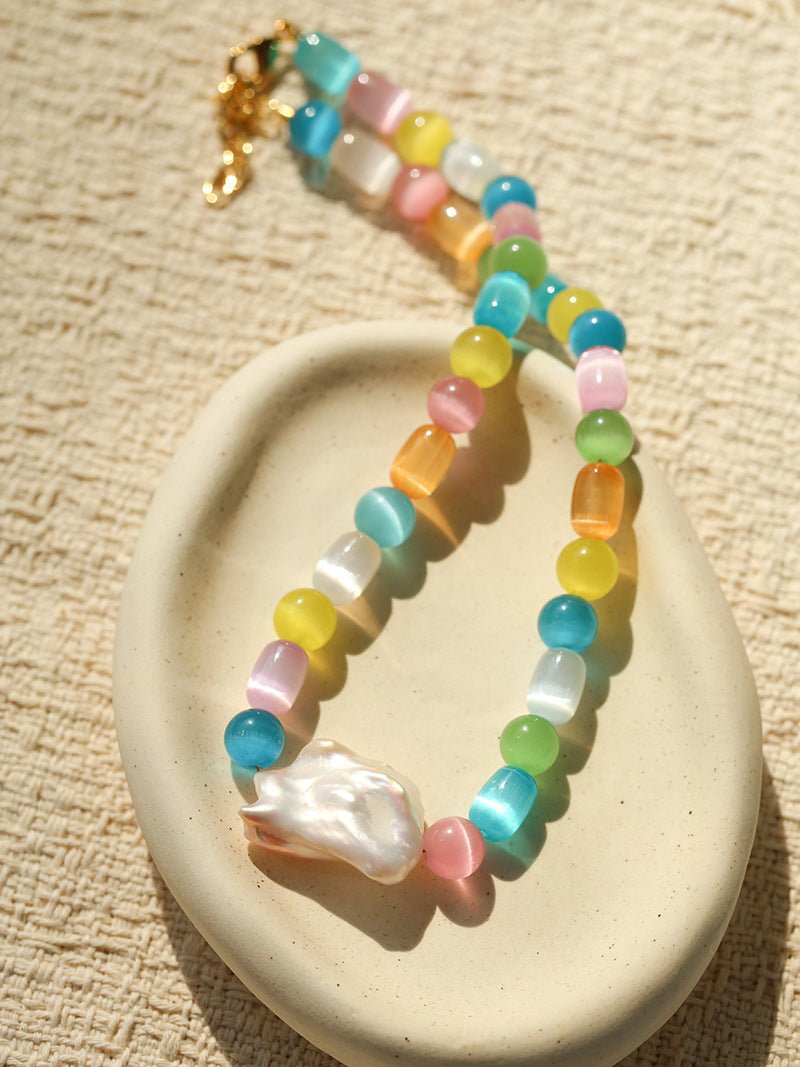 Dopamine Colorful Cat's Eye Baroque Necklace - floysun