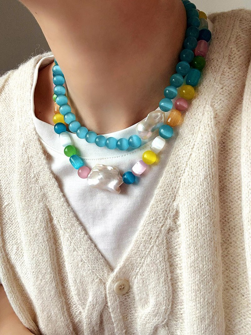 Dopamine Colorful Cat's Eye Baroque Necklace - floysun