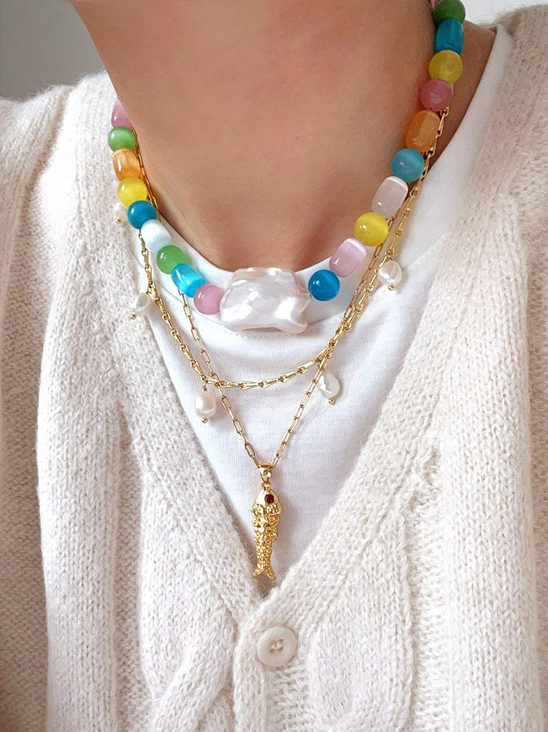 Dopamine Colorful Cat's Eye Baroque Necklace - floysun