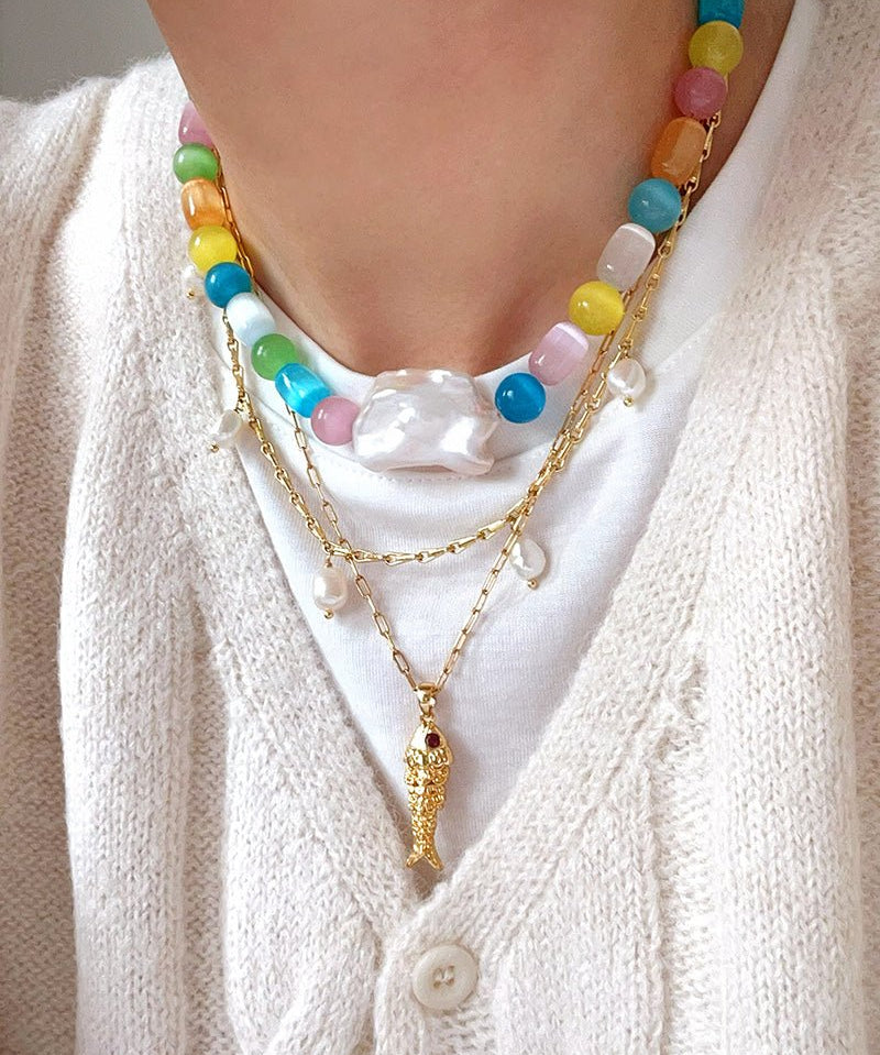 Dopamine Colorful Cat's Eye Baroque Necklace - floysun