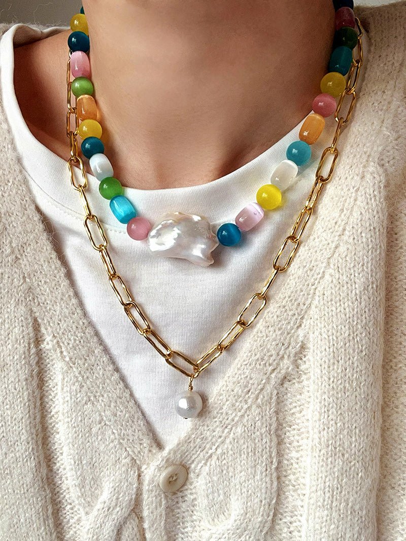 Dopamine Colorful Cat's Eye Baroque Necklace - floysun