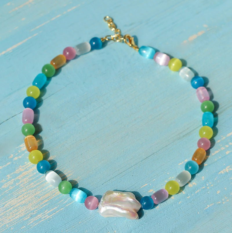 Dopamine Colorful Cat's Eye Baroque Necklace - floysun