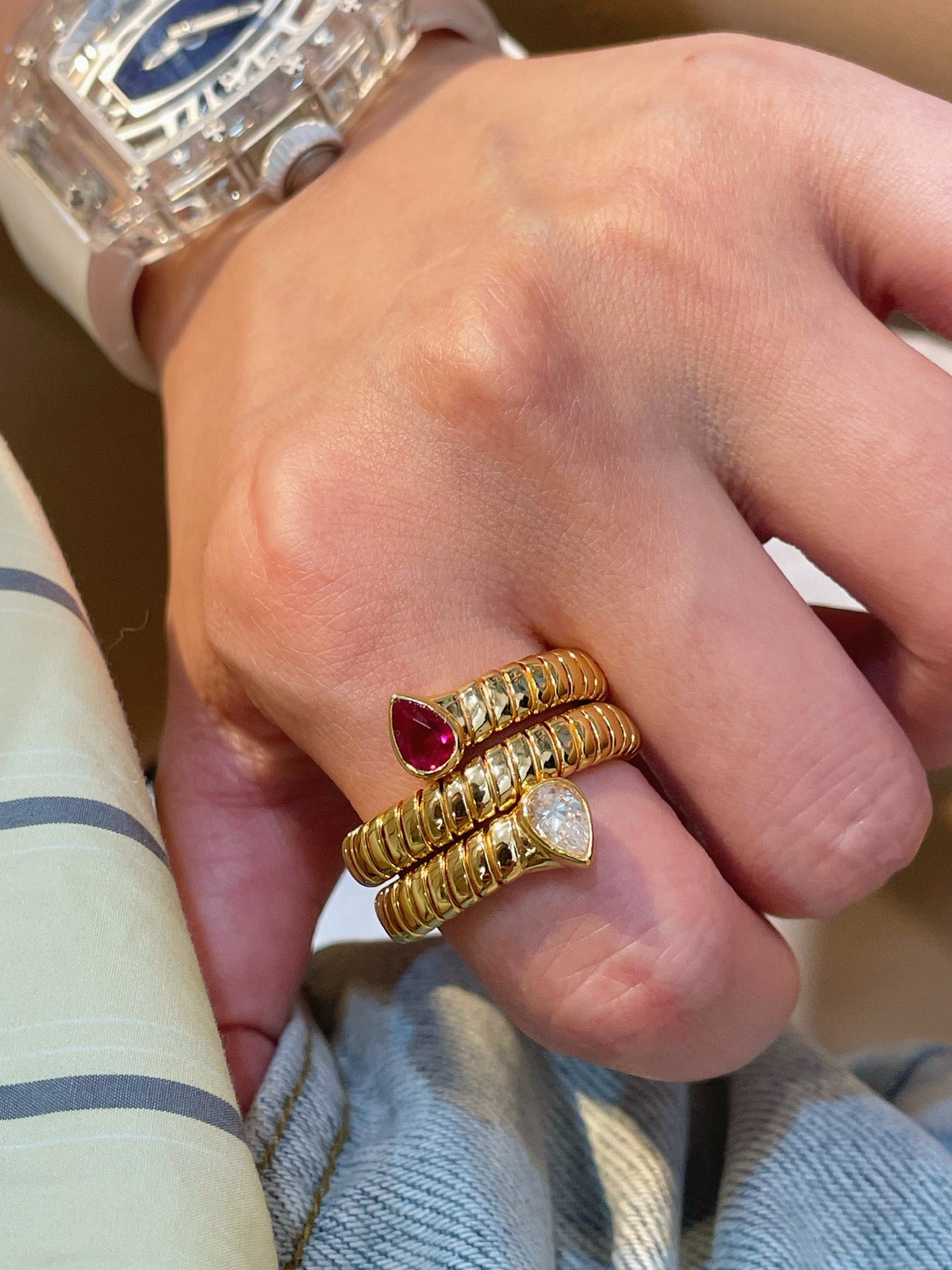 Double-Headed Snake Coiled Ribbed Ring - Lab Grown Ruby - floysun