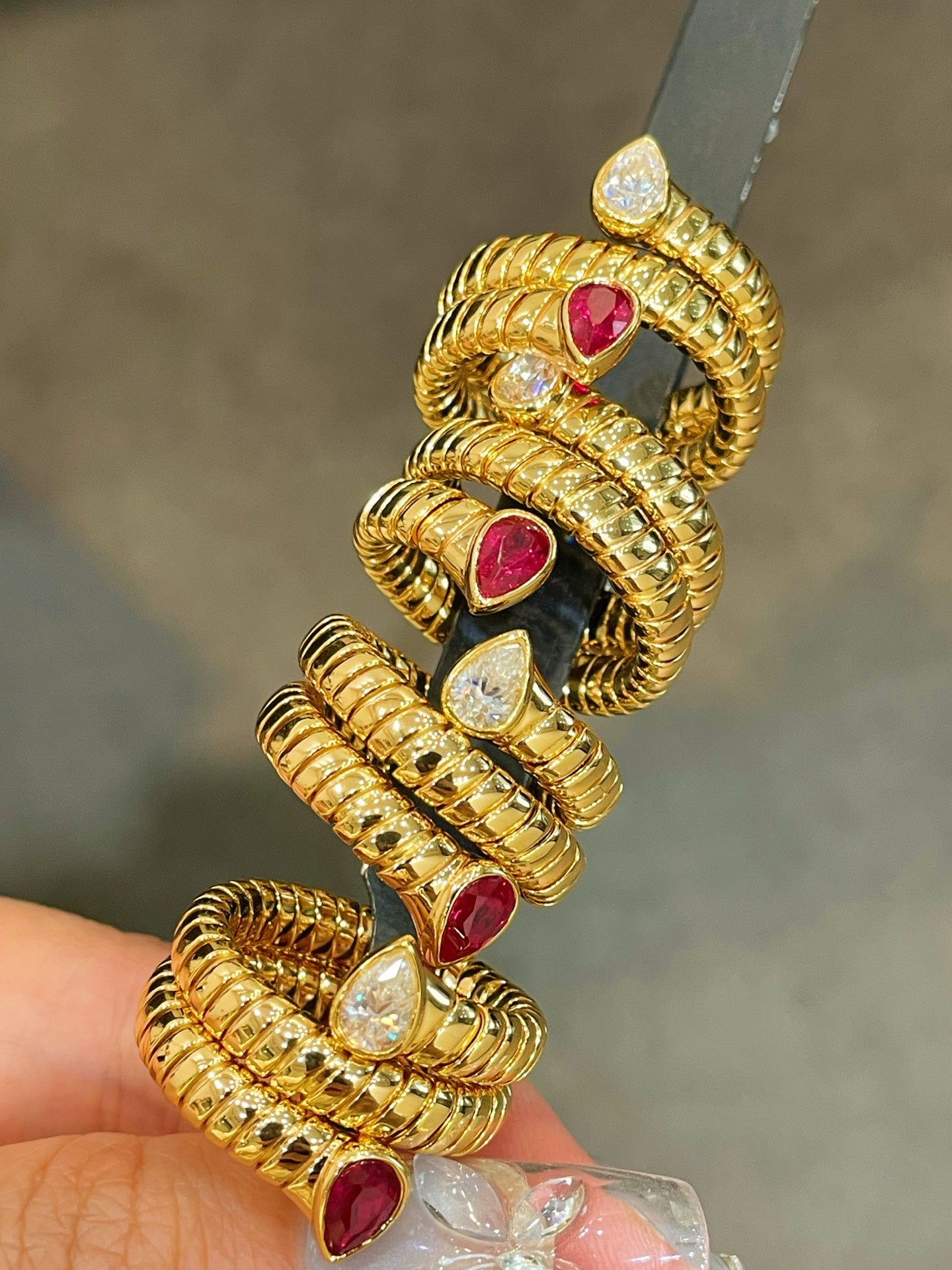 Double-Headed Snake Coiled Ribbed Ring - Lab Grown Ruby - floysun