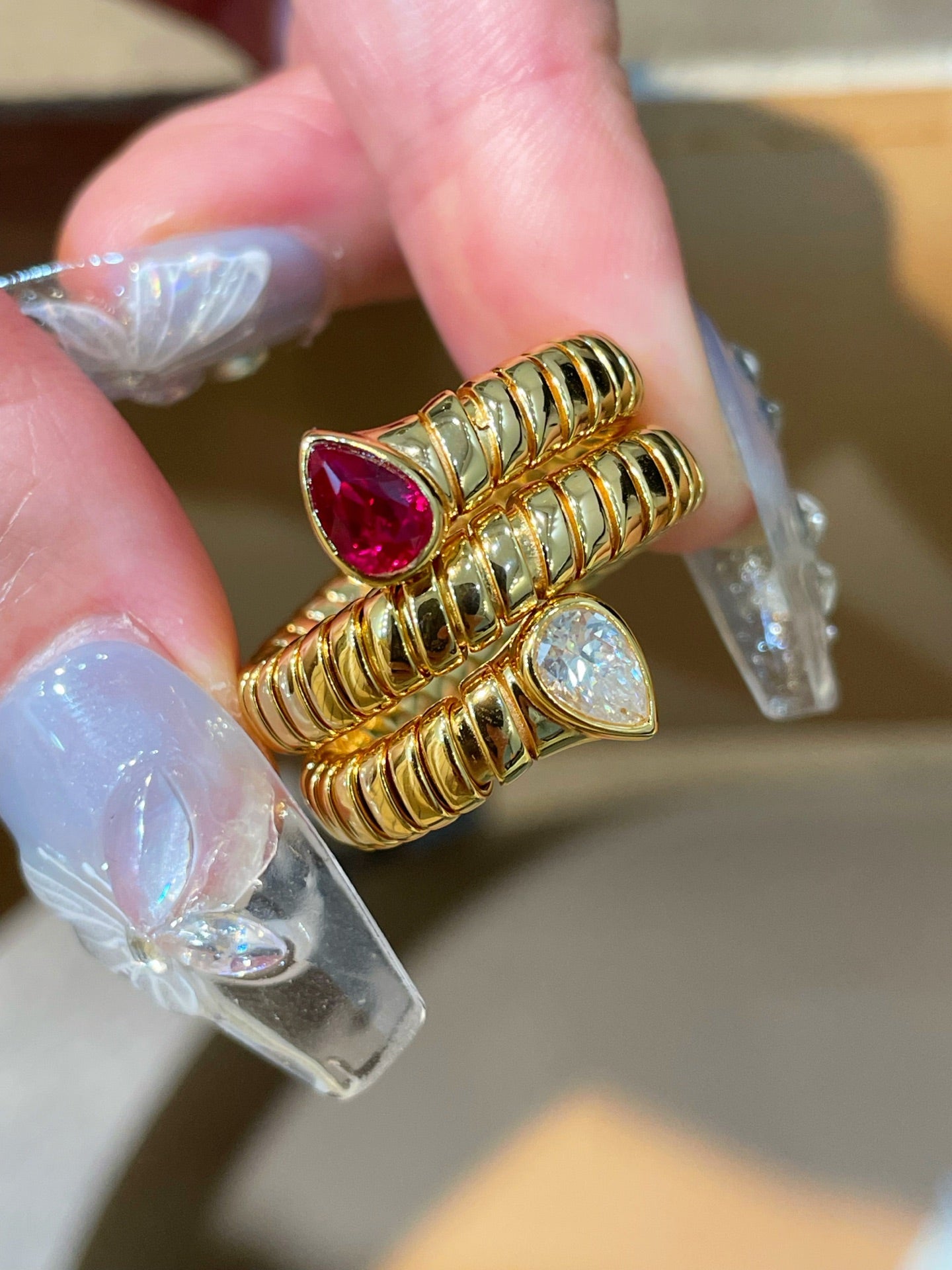 Double-Headed Snake Coiled Ribbed Ring - Lab Grown Ruby - floysun