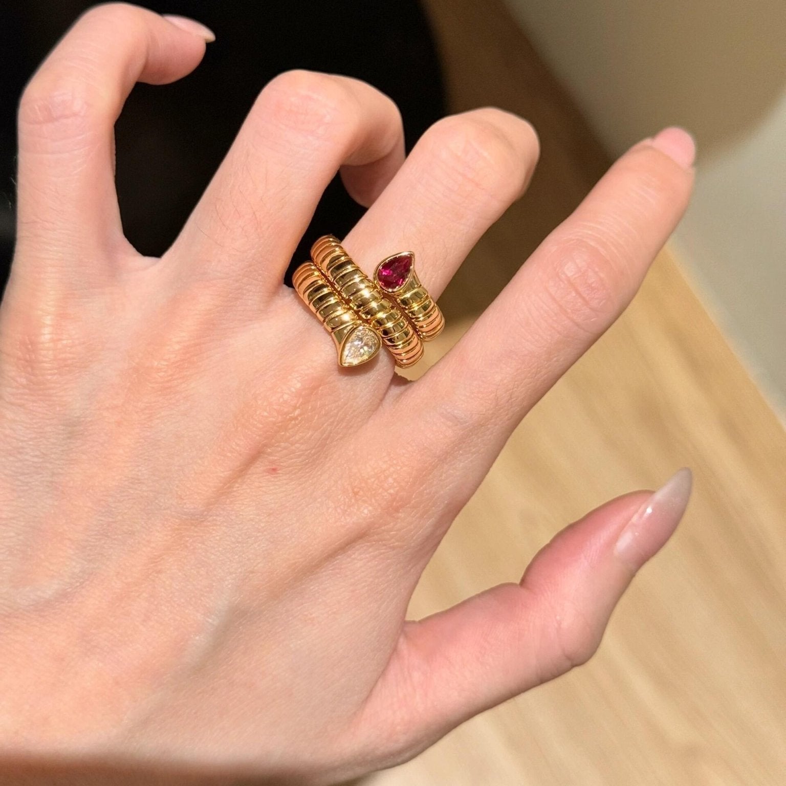 Double-Headed Snake Coiled Ribbed Ring - Lab Grown Ruby - floysun
