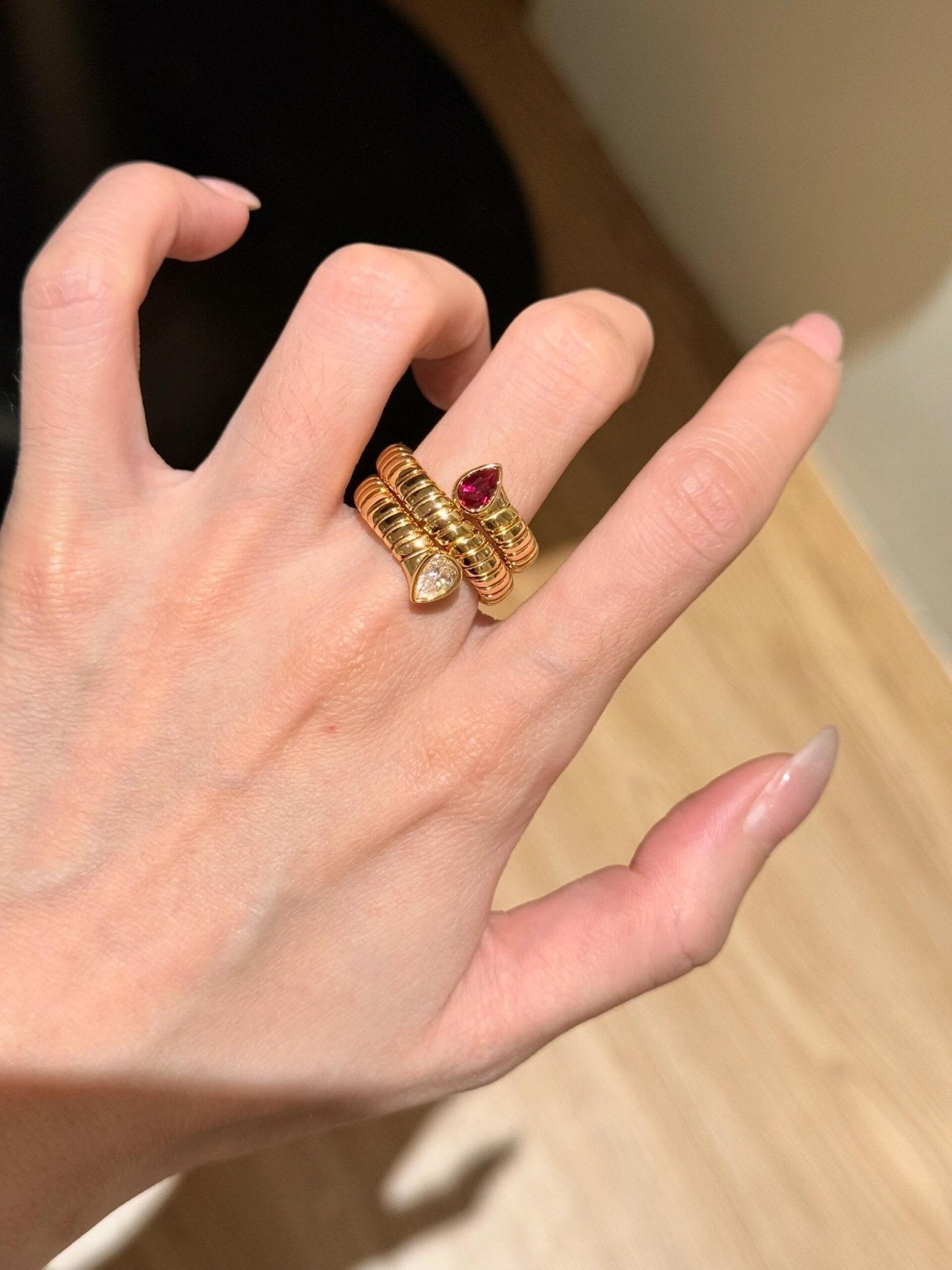 Double-Headed Snake Coiled Ribbed Ring - Lab Grown Ruby - floysun