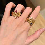 Double-Headed Snake Coiled Ribbed Ring - Lab Grown Ruby - floysun