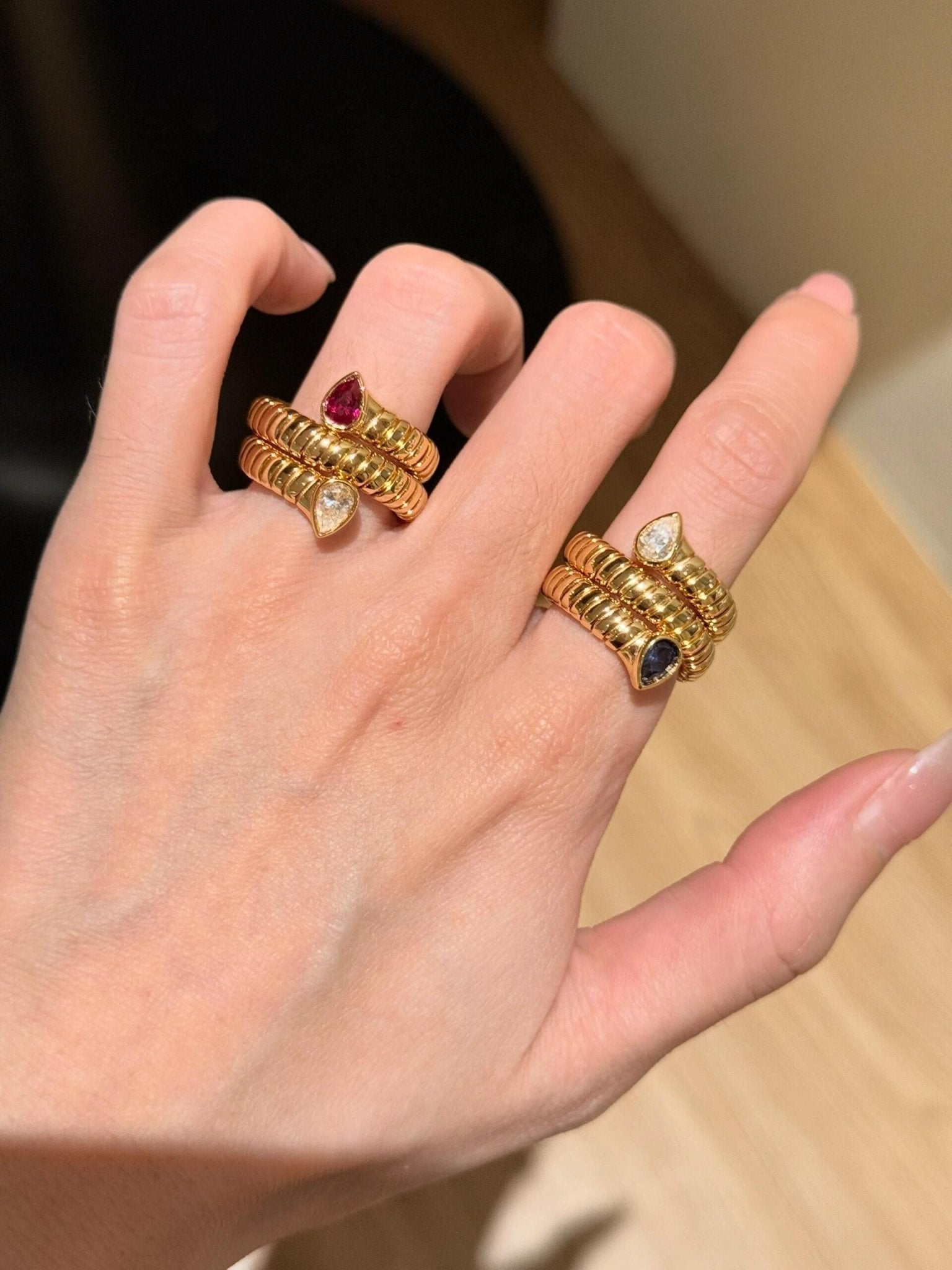 Double-Headed Snake Coiled Ribbed Ring - Lab Grown Ruby - floysun