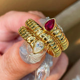 Double-Headed Snake Coiled Ribbed Ring - Lab Grown Ruby - floysun
