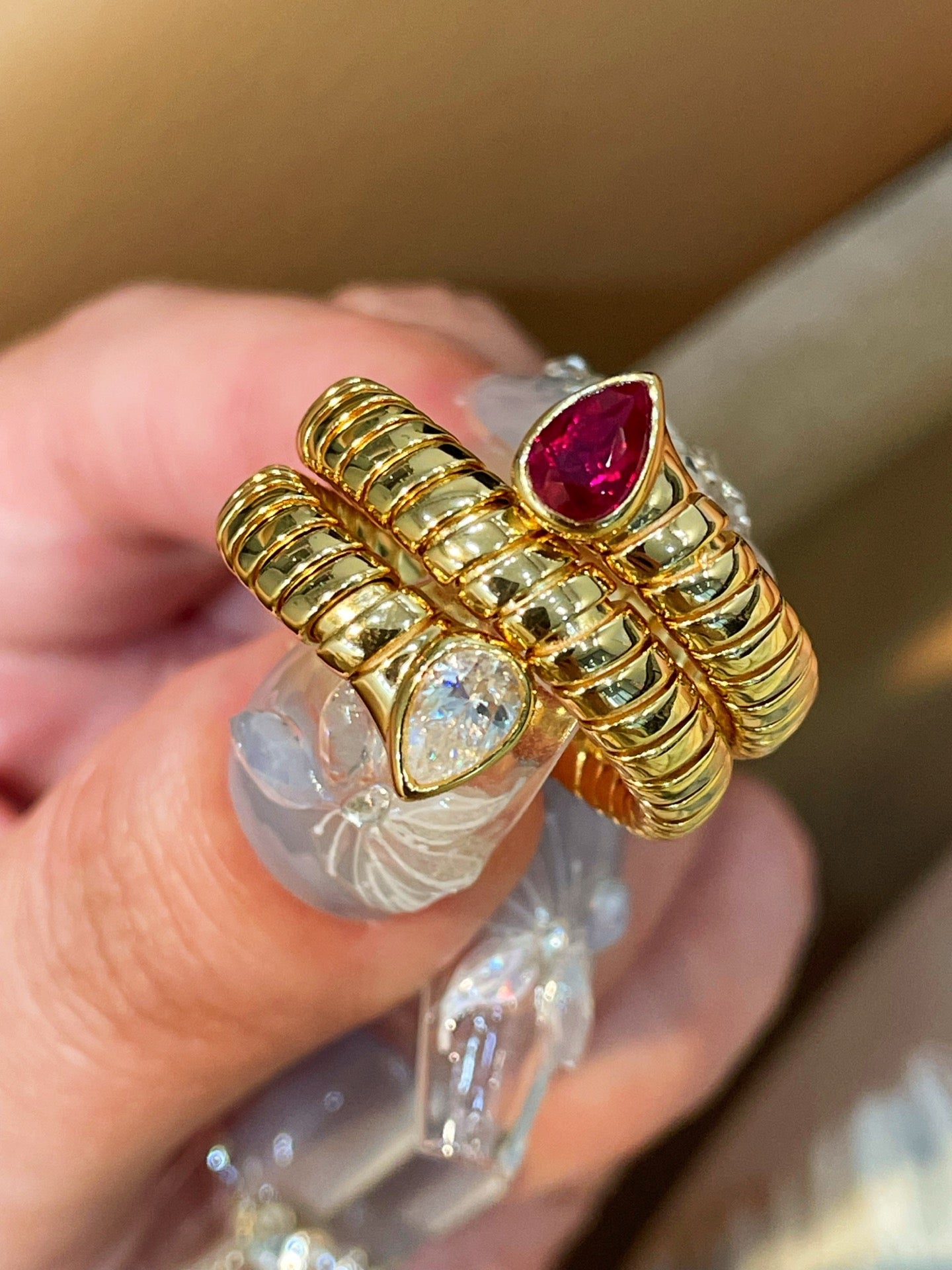 Double-Headed Snake Coiled Ribbed Ring - Lab Grown Ruby - floysun