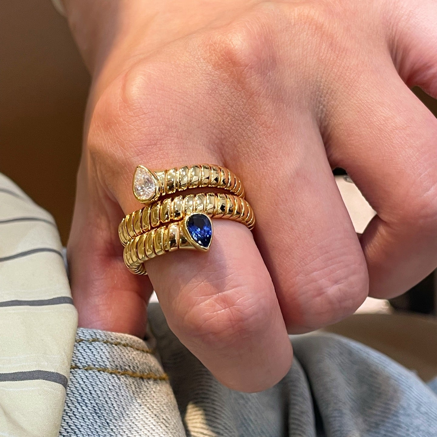 Double-Headed Snake Coiled Ribbed Ring - Lab Grown Sapphire - floysun