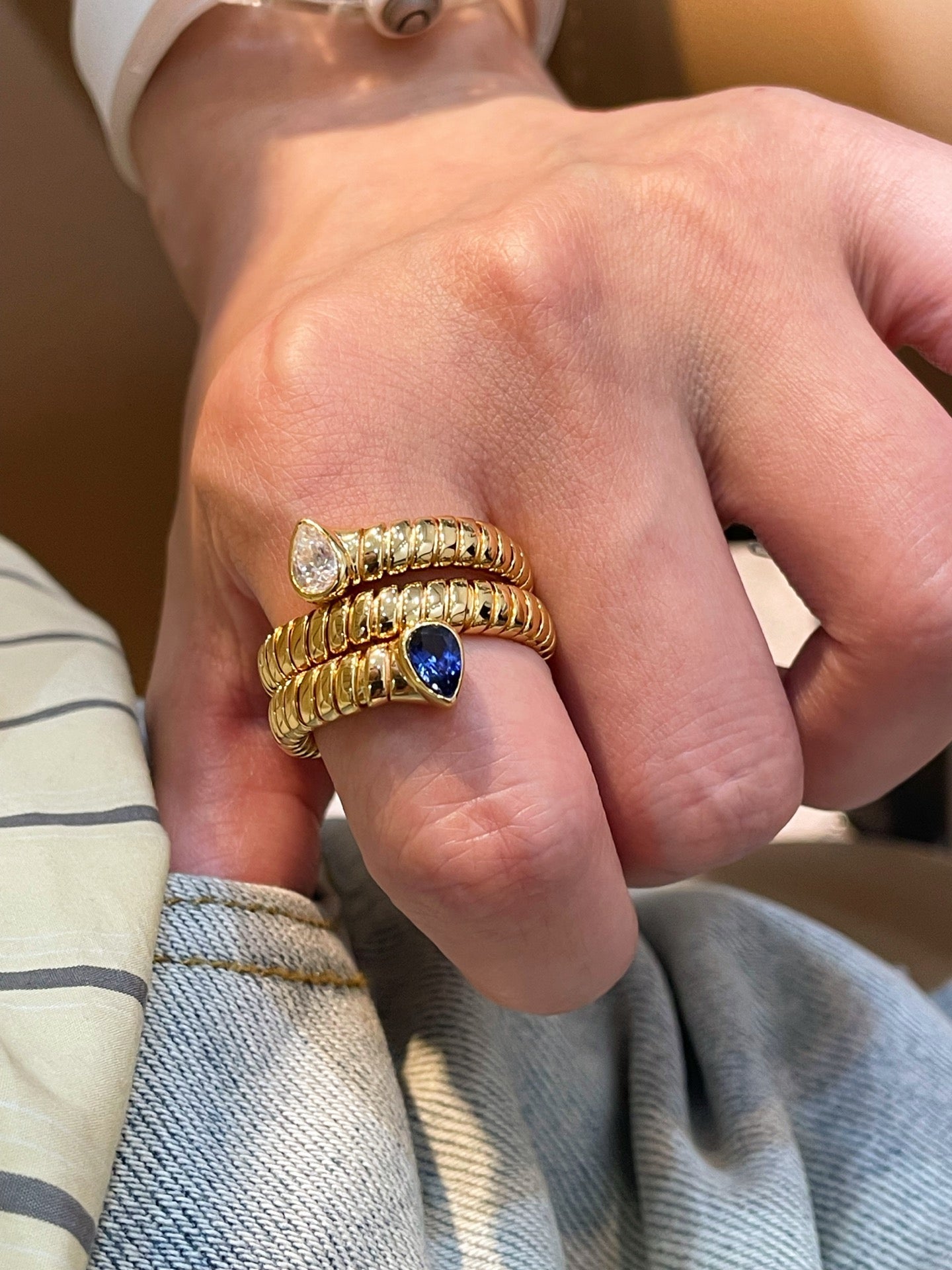 Double-Headed Snake Coiled Ribbed Ring - Lab Grown Sapphire - floysun