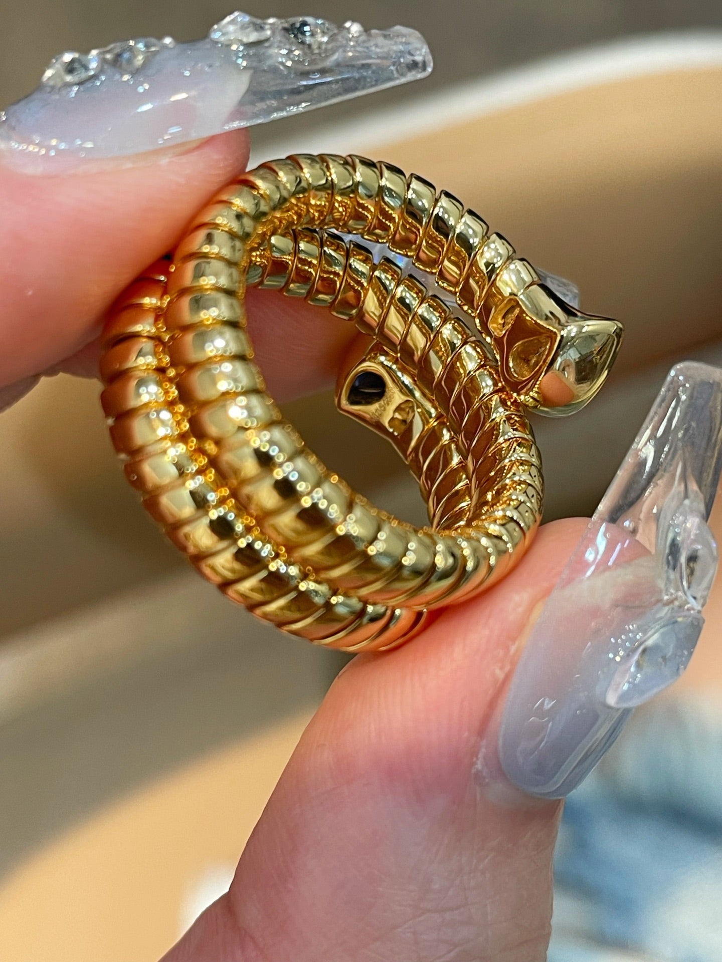 Double-Headed Snake Coiled Ribbed Ring - Lab Grown Sapphire - floysun