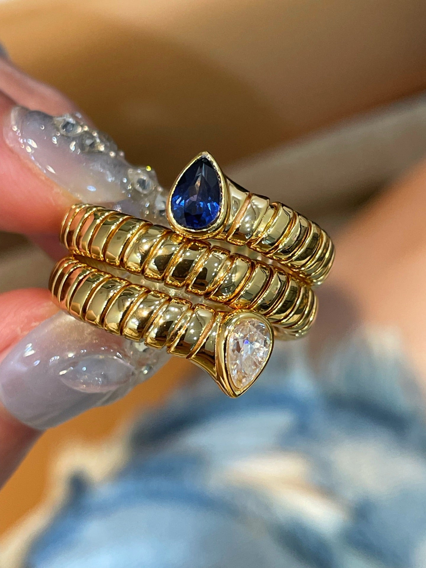 Double-Headed Snake Coiled Ribbed Ring - Lab Grown Sapphire - floysun