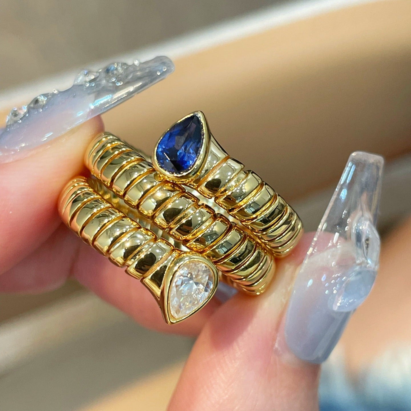 Double-Headed Snake Coiled Ribbed Ring - Lab Grown Sapphire - floysun