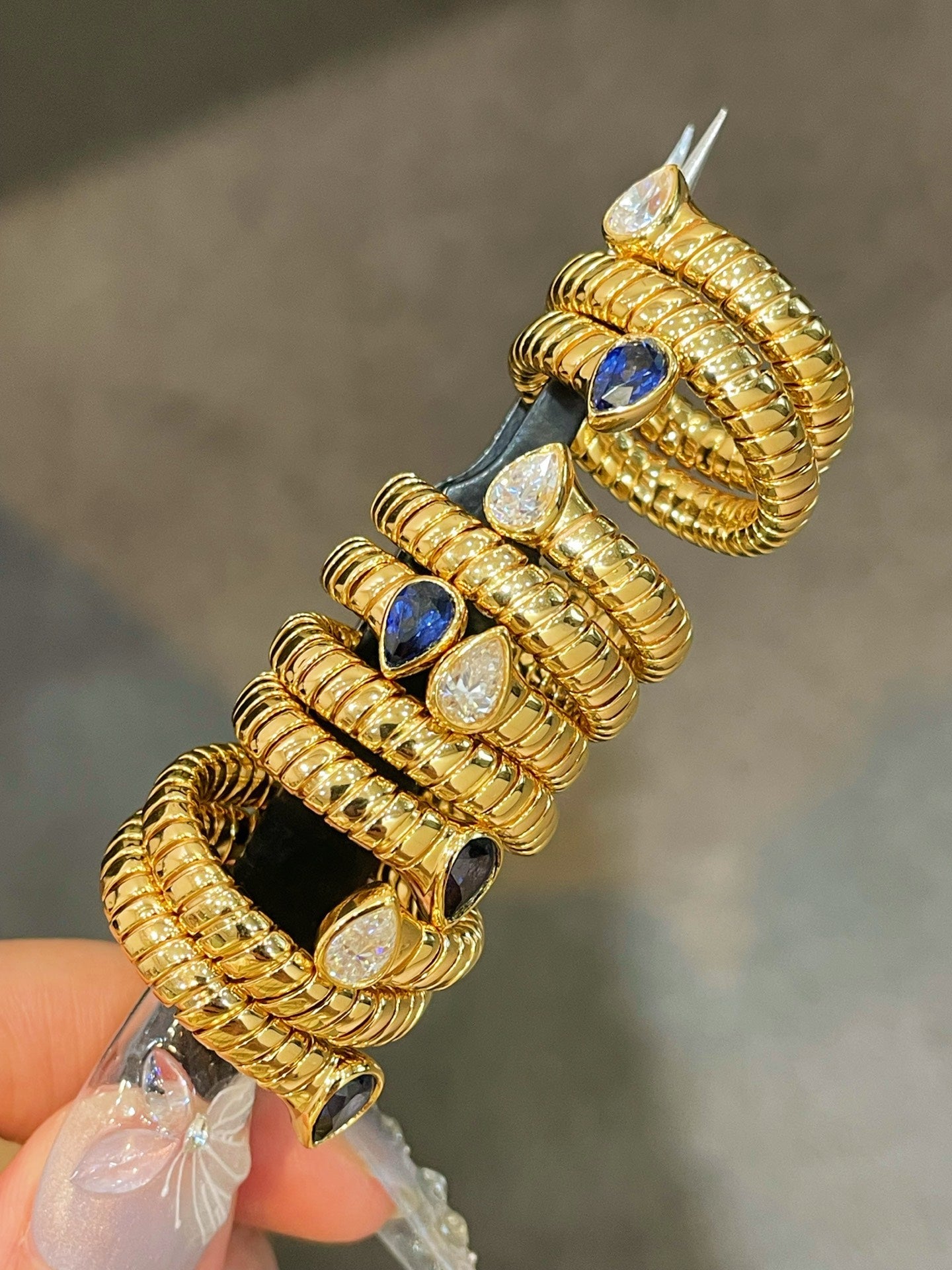 Double-Headed Snake Coiled Ribbed Ring - Lab Grown Sapphire - floysun
