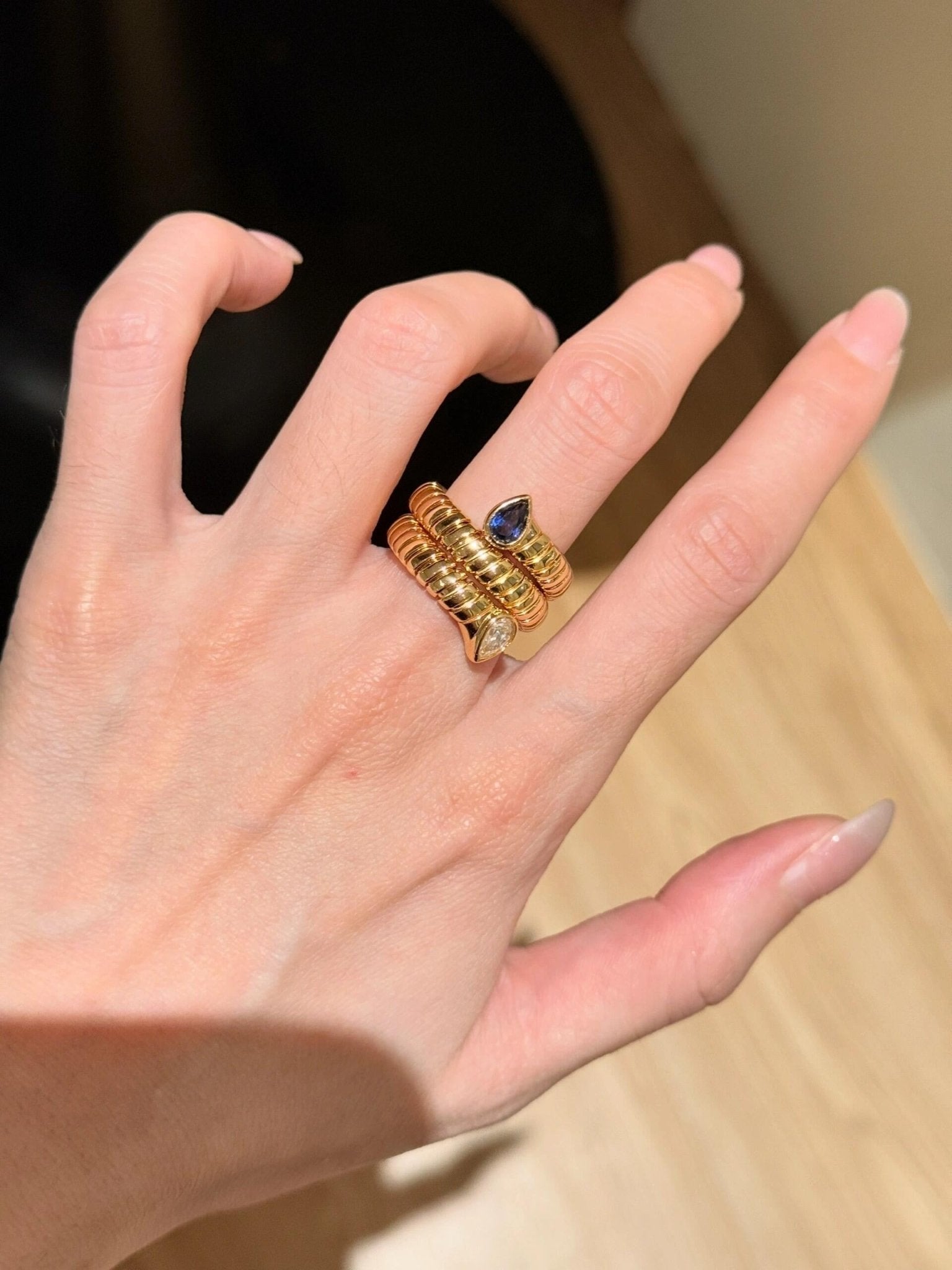 Double-Headed Snake Coiled Ribbed Ring - Lab Grown Sapphire - floysun
