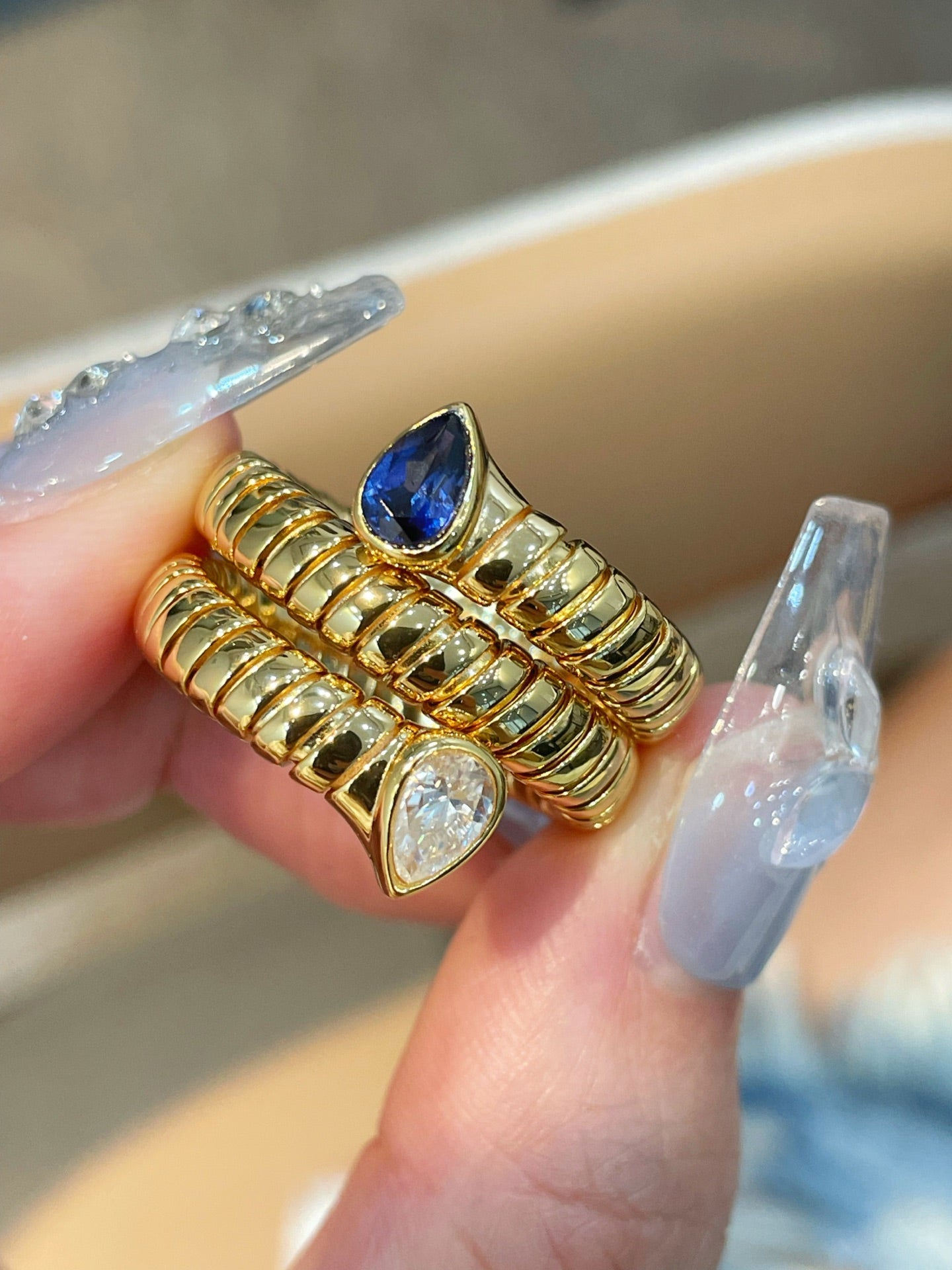 Double-Headed Snake Coiled Ribbed Ring - Lab Grown Sapphire - floysun