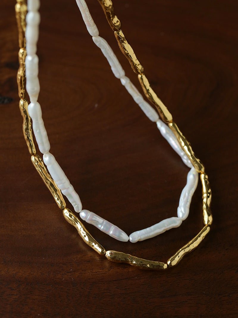 Double-Layer Baroque Stick Pearl Hammered Gold Necklace - floysun