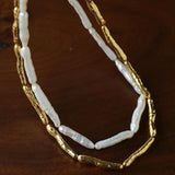 Double-Layer Baroque Stick Pearl Hammered Gold Necklace - floysun