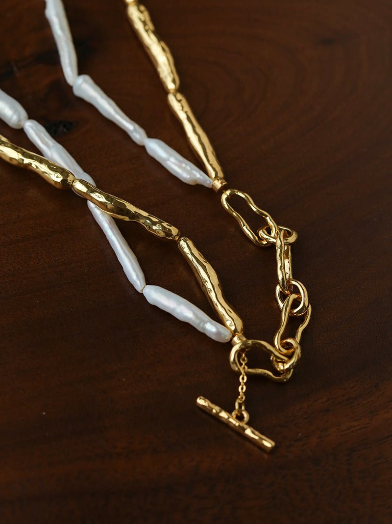 Double-Layer Baroque Stick Pearl Hammered Gold Necklace - floysun