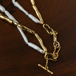 Double-Layer Baroque Stick Pearl Hammered Gold Necklace - floysun