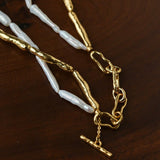 Double-Layer Baroque Stick Pearl Hammered Gold Necklace - floysun
