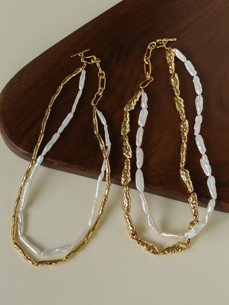 Double-Layer Baroque Stick Pearl Hammered Gold Necklace - floysun