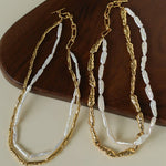 Double-Layer Baroque Stick Pearl Hammered Gold Necklace - floysun