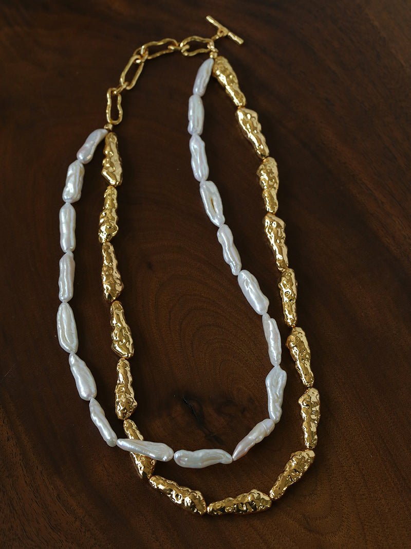 Double-Layer Baroque Stick Pearl Hammered Gold Necklace - floysun