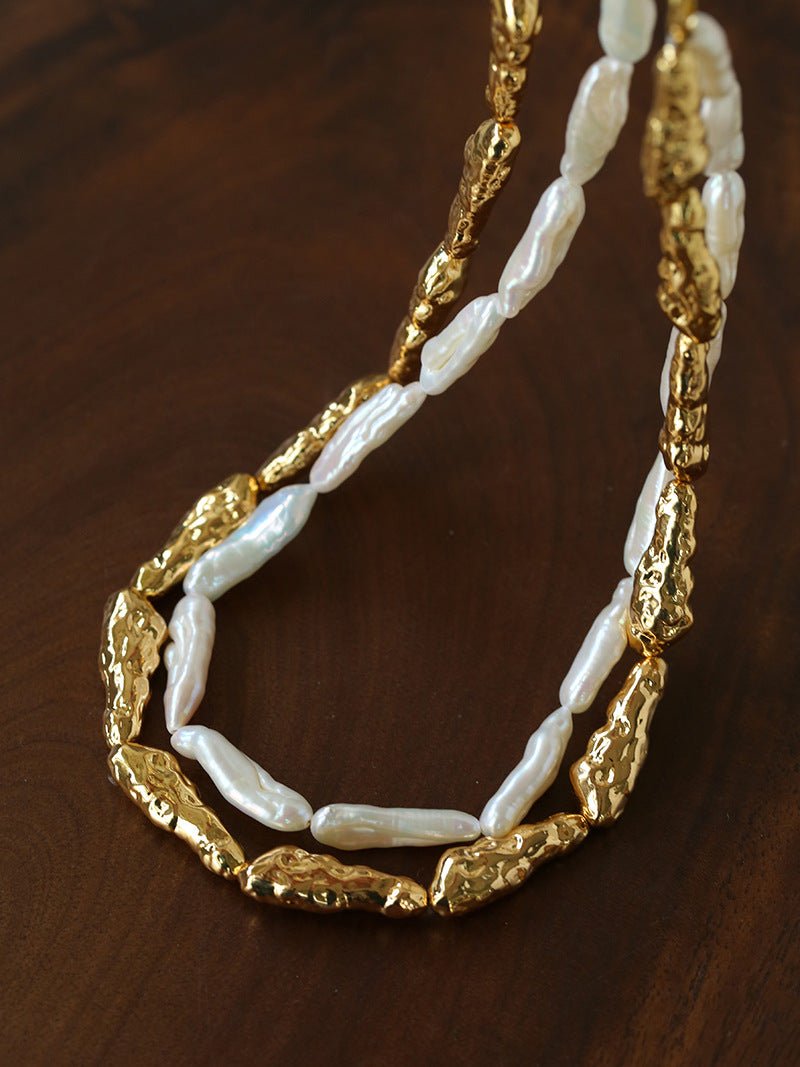 Double-Layer Baroque Stick Pearl Hammered Gold Necklace - floysun