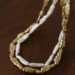 Double-Layer Baroque Stick Pearl Hammered Gold Necklace - floysun
