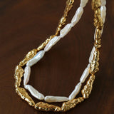 Double-Layer Baroque Stick Pearl Hammered Gold Necklace - floysun