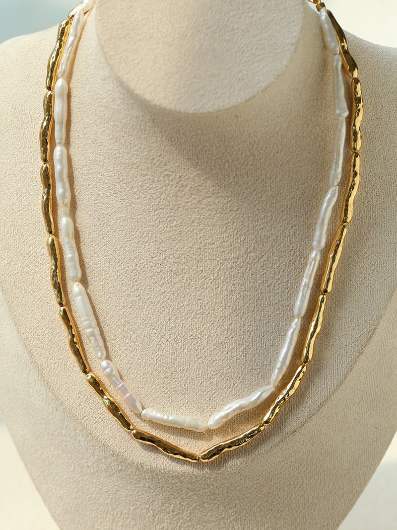 Double-Layer Baroque Stick Pearl Hammered Gold Necklace - floysun