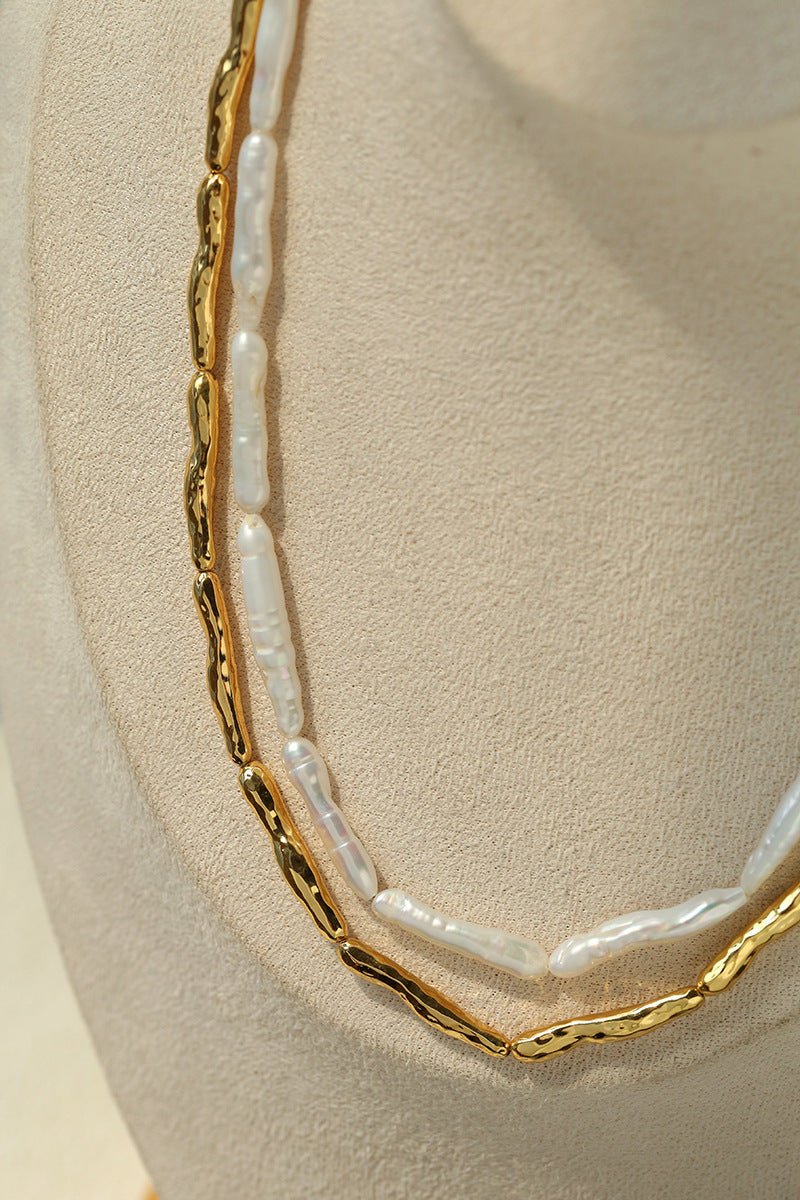Double-Layer Baroque Stick Pearl Hammered Gold Necklace - floysun